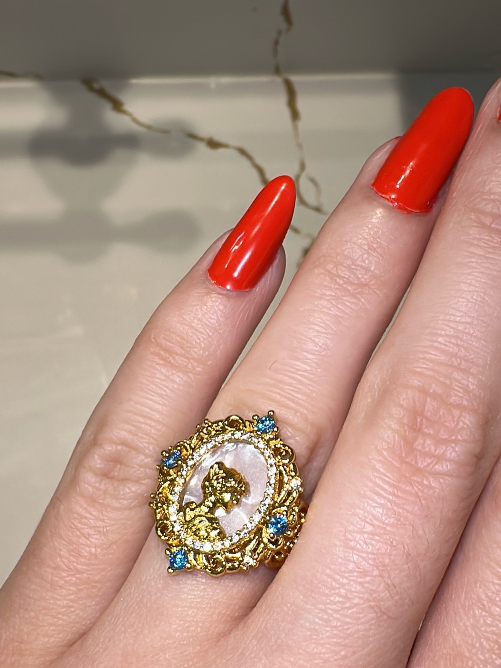 Gold Cameo Ring with Blue And Pearl Accent Stones size 8.5US Adjustable Costume